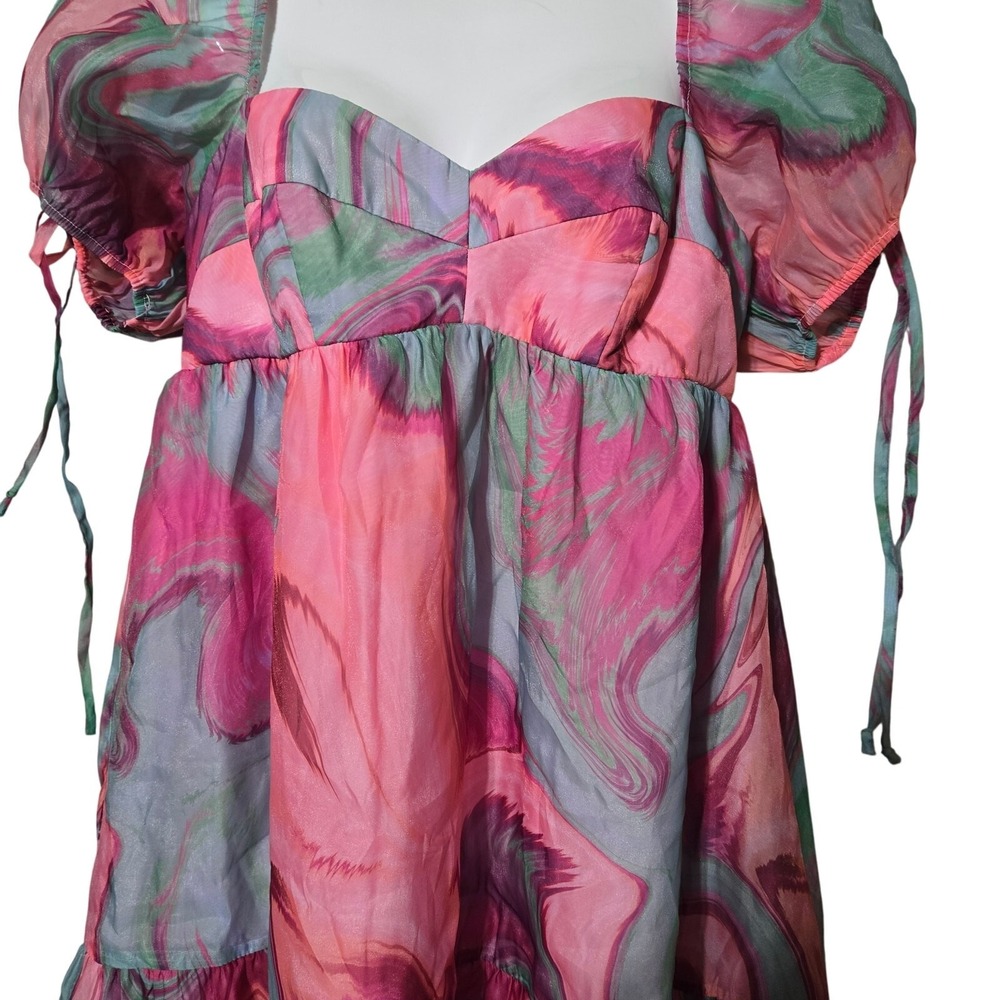 Amanda Richardson Pink Floral Babydoll Dress L Puff Sleeve Tie Front CottageCore - Picture 13 of 13